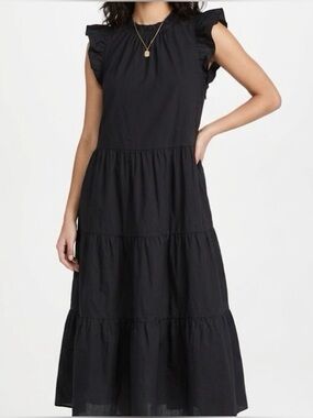 J. CREW Tiered Ruffle Sleeve Cotton Poplin Midi Dress Black Size S